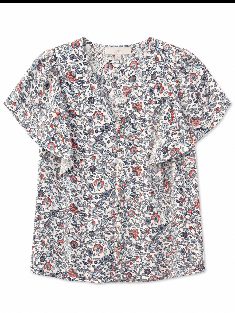 LOFT White Floral V-Neck Button Front Blouse with Red & Green Accents